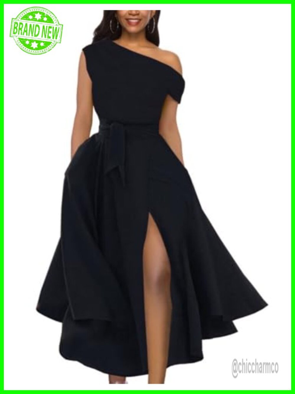 Off Shoulder Sleeveless Belted Cocktail Swing Dress Midi